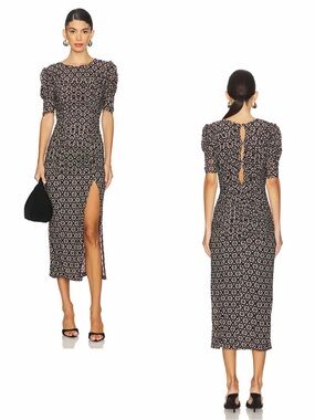 FREE PEOPLE NWT Boho Puff Sleeve Front Slit Midi Dress M